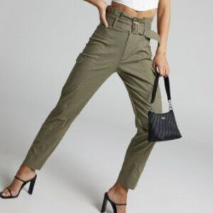 NWOT Showpo Kaori Belted Paper Bag Waist Utility Pants in Khaki Green - Size 8